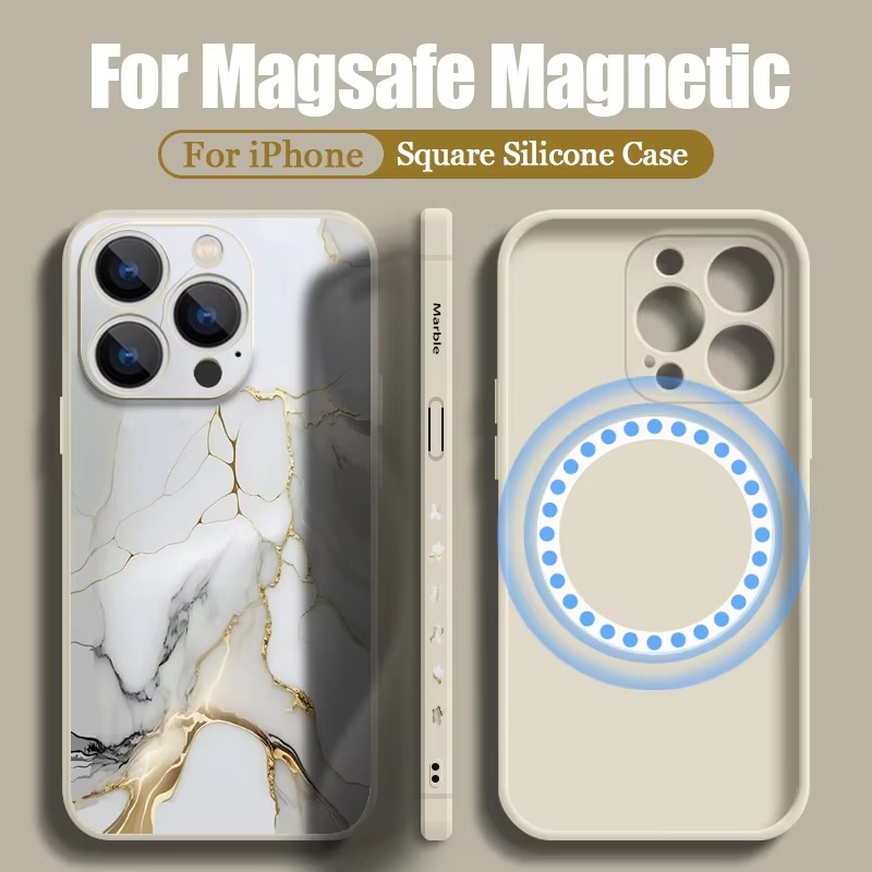 Luxury Apple iPhone Case, MagSafe Compatible, Camera Lens and Screen Protection, Ultra Thin, Shockproof, Magnetic, Full All Around Protection, Marble Silicone Lanyard Cover