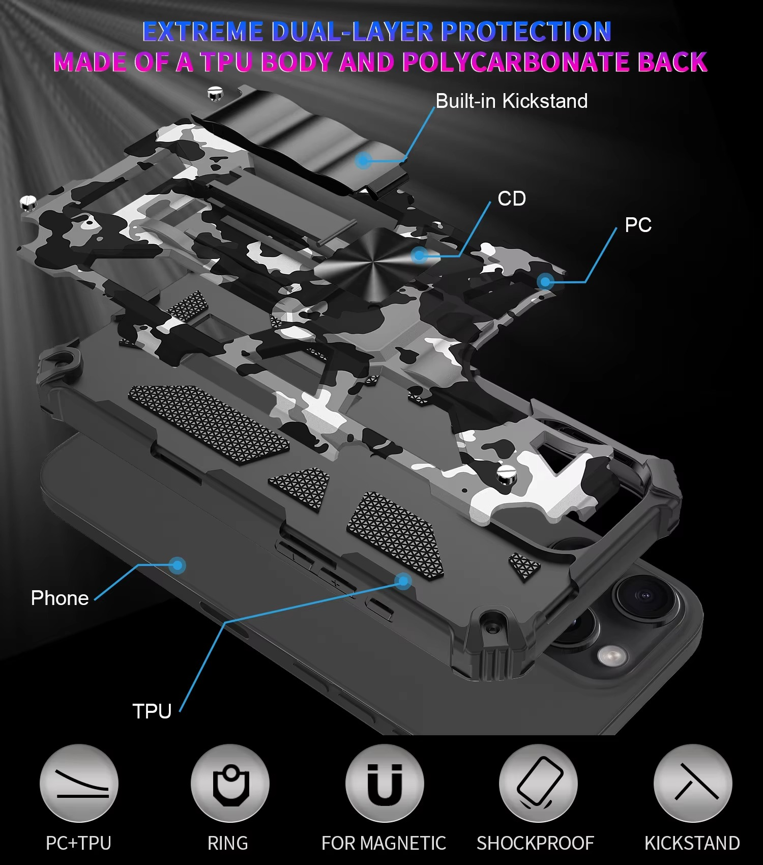 Robust Apple iPhone Case, MagSafe Compatible, Camera Lens and Screen Protection, Ultra Thin, Shockproof, Magnetic, Full All Around Protection, Camouflage Armor Cover