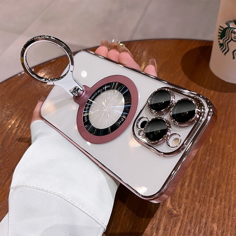 Luxury Ring Holder - Transparent Hard Acrylic Cover, Built-in Bracket, Magnetic Wireless Charging Compatible  Case for iPhone