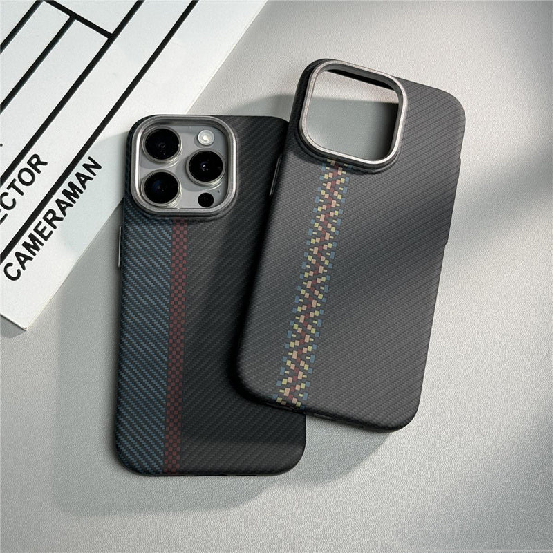 Hit Color Carbon Fiber Texture MagSafe iPhone Case – Wireless Charging Hard PC Cover with Relief Design for iPhone Models