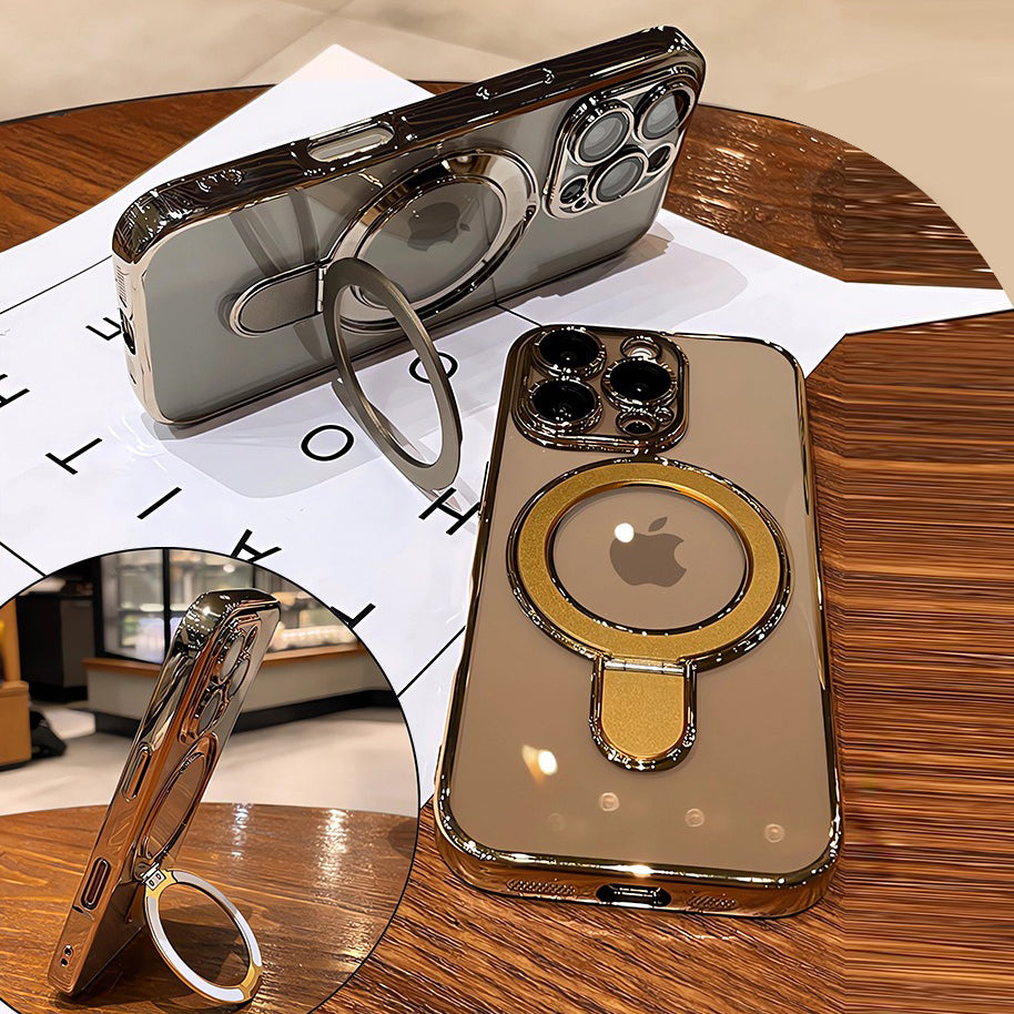 Luxury Plating MagSafe iPhone Case Transparent Acrylic Magnetic Cover with Stand Holder Shockproof PC Bumper Case for iPhone