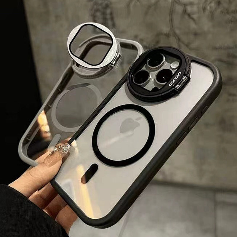 Luxury Glass Camera Stand iPhone Case - Transparent Magnetic Acrylic Cover, Wireless Charging Compatible, Case for iPhone