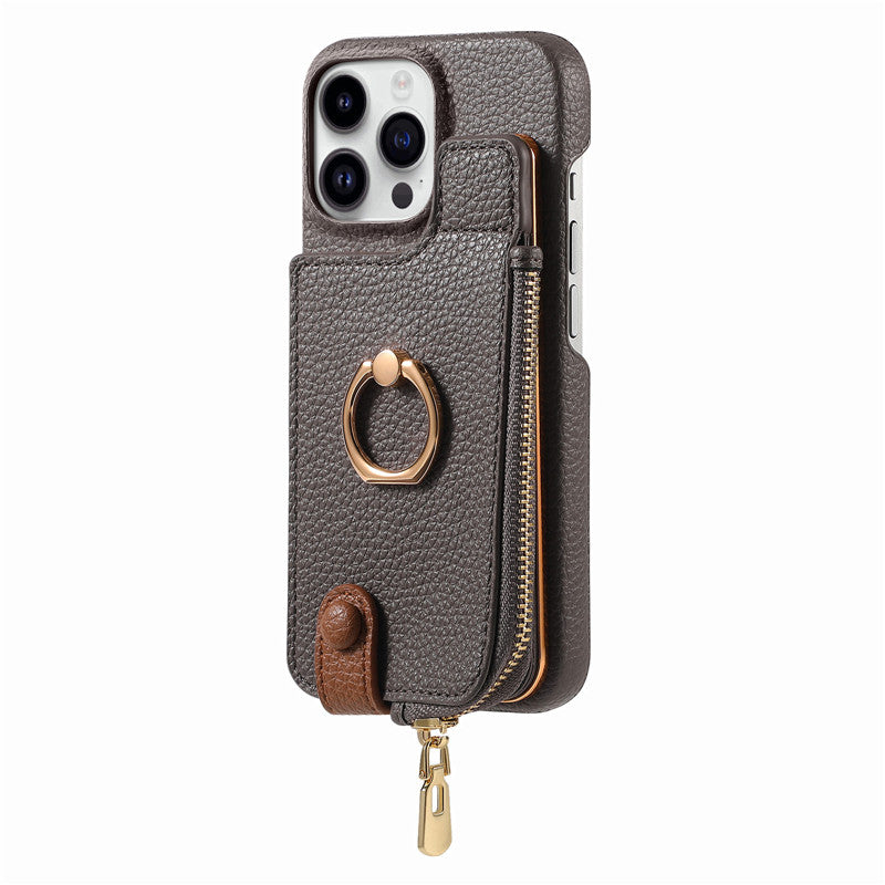 Luxury Leather Zipper Wallet iPhone Case – Card Holder, Ring Kickstand, Shockproof Cover for iPhone Models