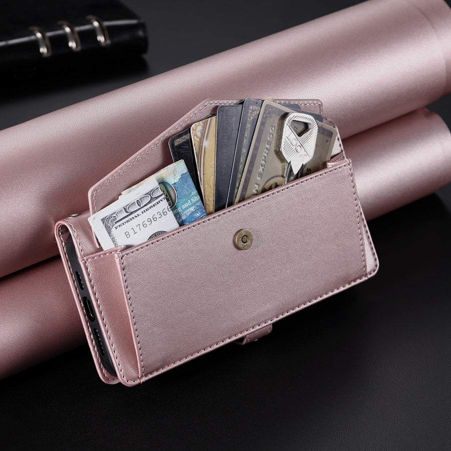 Luxury Dual-Layer Wallet iPhone Case – Flip Leather Cover with Card Slots, Photo Frame, 2 Lanyards, Shockproof Protection, and Stand Feature for iPhone