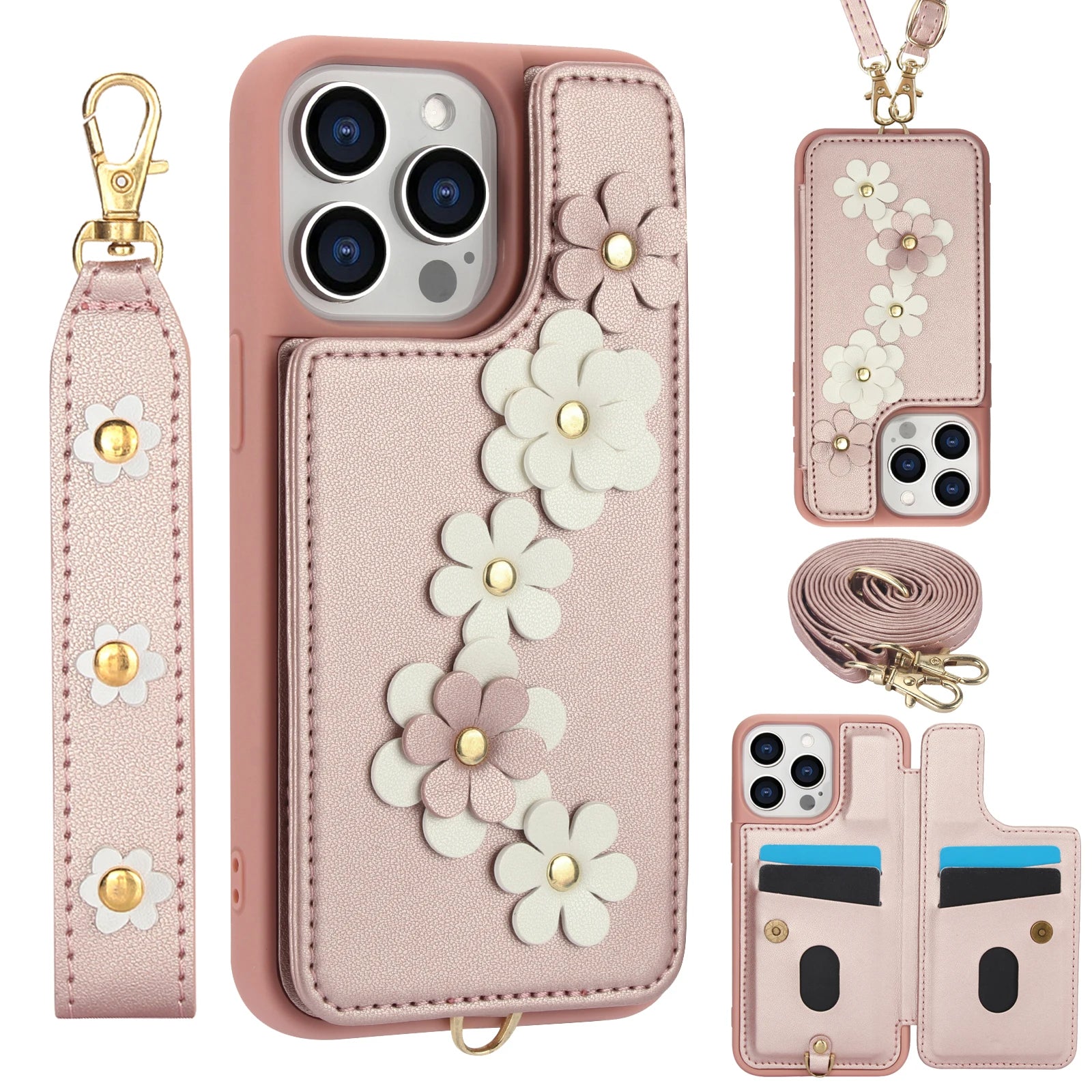 Luxury Crossbody Wallet Leather iPhone Case – 3D Flower Design, Card Slot, Wrist Strap, Magnetic Closure, Protective Cover