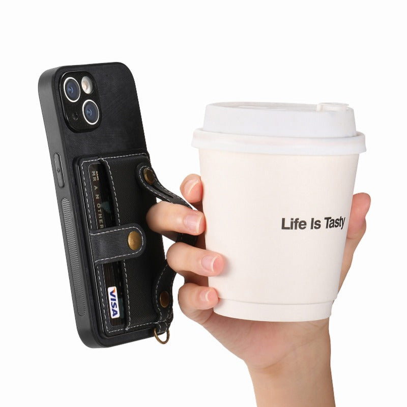 Luxury PU Leather Wallet iPhone Case with Wrist Strap – Stand Function, Card Holder, Protection for Secure and Convenience