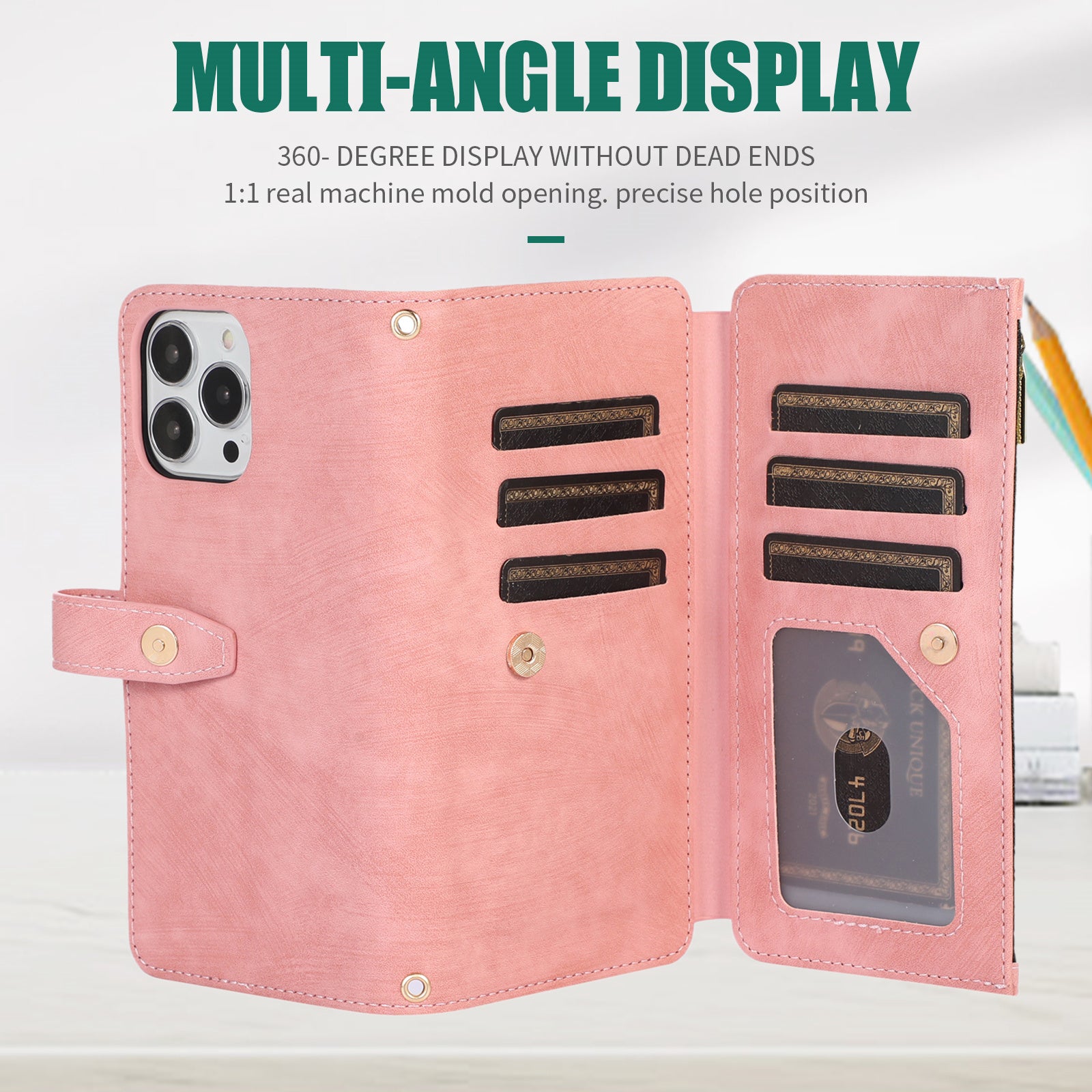 Luxury Crossbody Zipper Wallet iPhone Case – Leather Card Holder, Lanyard Strap, Closure Hands-Free Convenience for iPhone