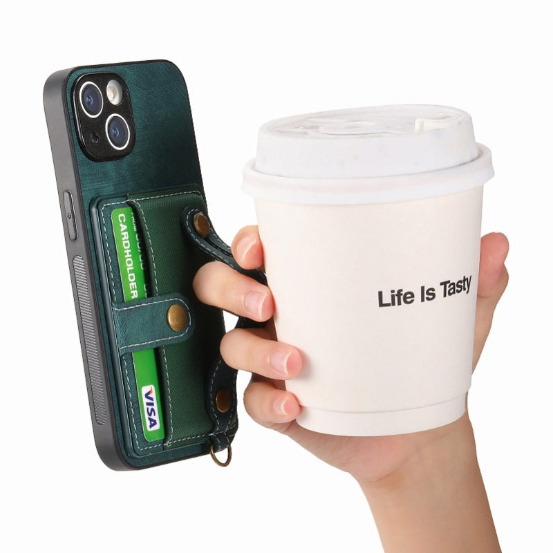 Luxury PU Leather Wallet iPhone Case with Wrist Strap – Stand Function, Card Holder, Protection for Secure and Convenience