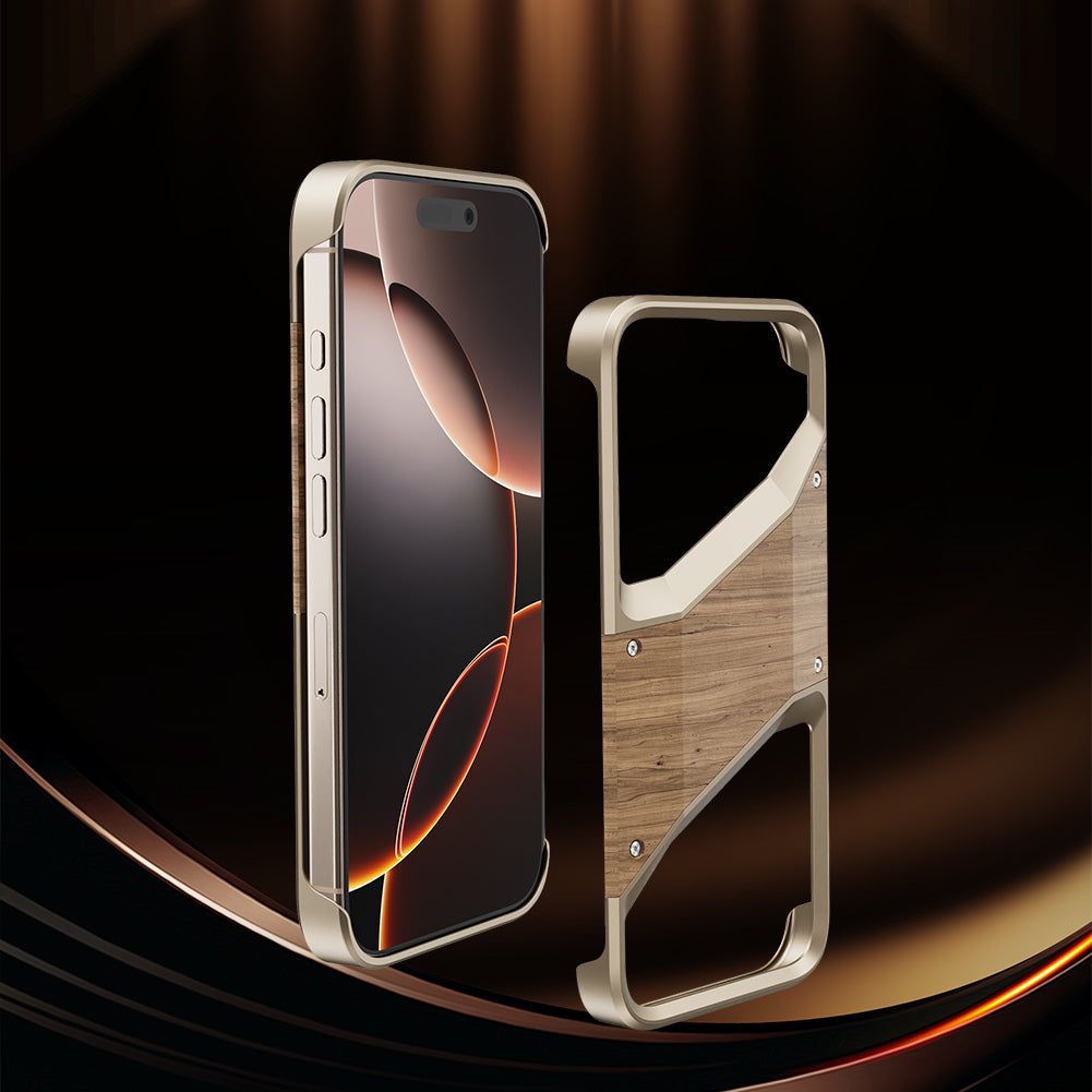 Irregular Metal Frame iPhone Case – Aluminum Alloy and Solid Wood Shockproof Frameless Cover for iPhone Models Design