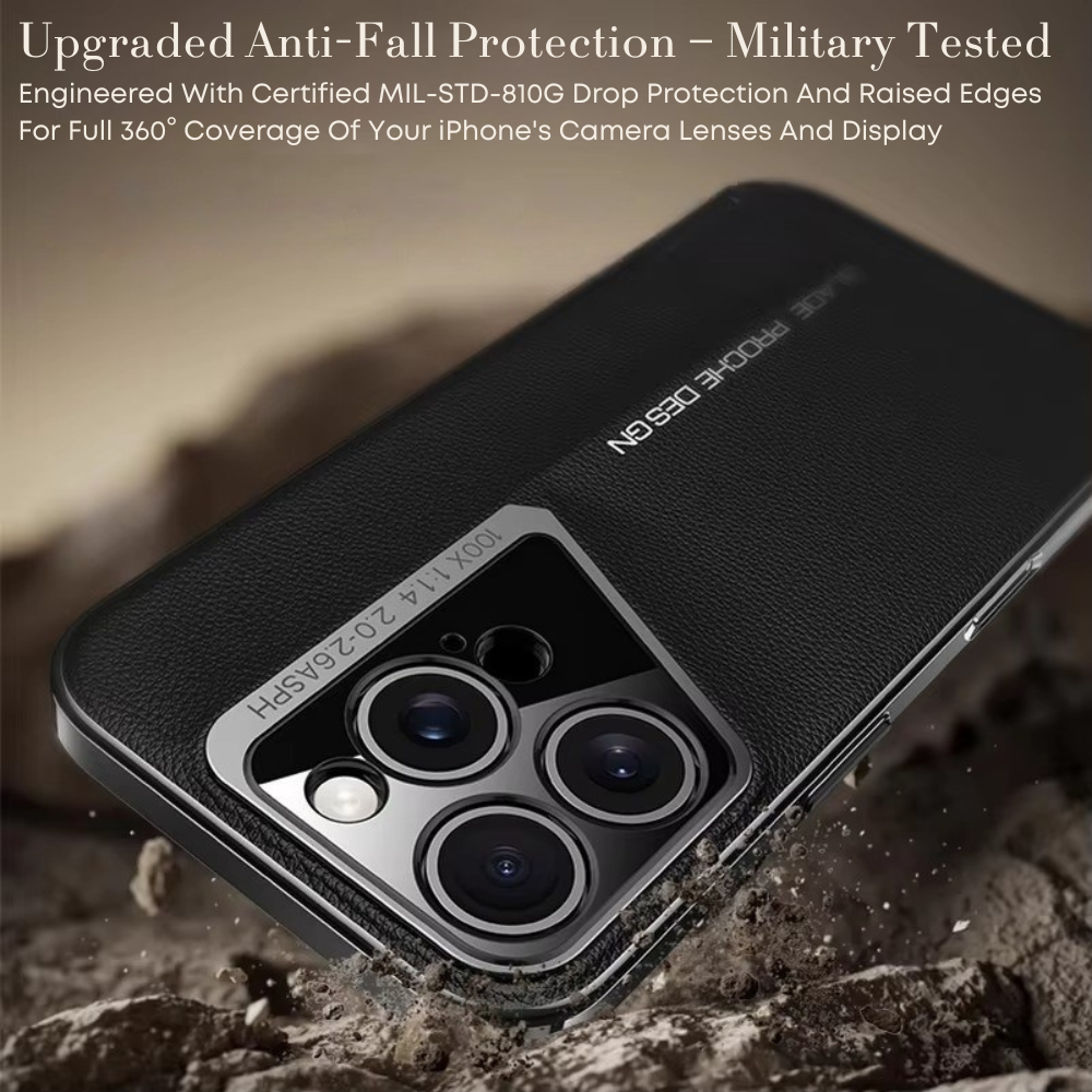 Black phone case with raised edges and certification text on a textured surface