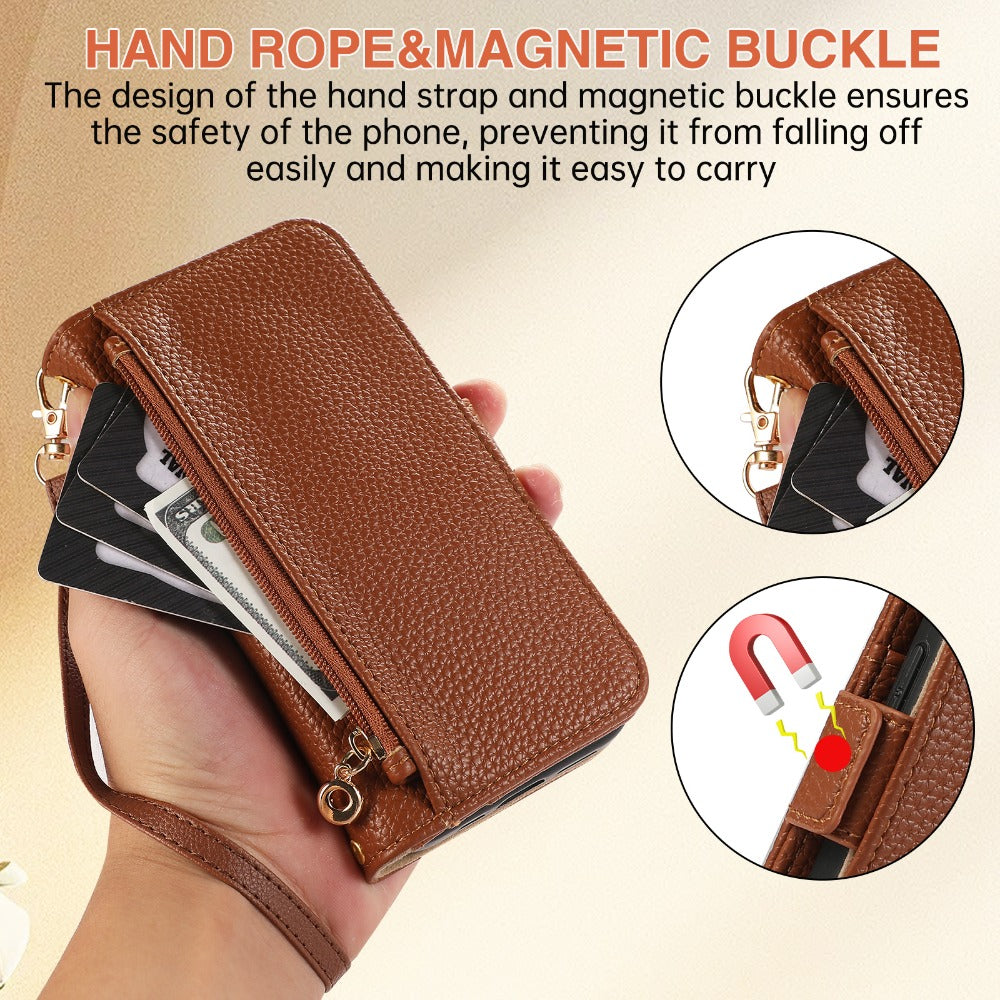 Luxury Crossbody Zipper Wallet iPhone Case – Leather Card Holder, Hands-Free Strap, Shockproof Protection, and Stylish Design for Ultimate Convenience