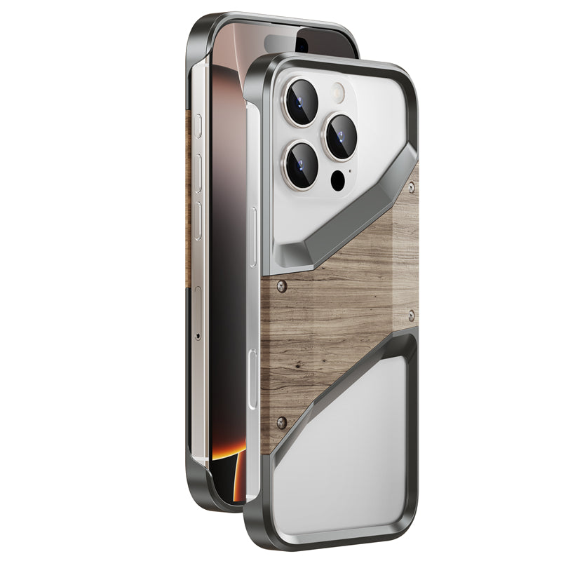 Irregular Metal Frame iPhone Case – Aluminum Alloy and Solid Wood Shockproof Frameless Cover for iPhone Models Design