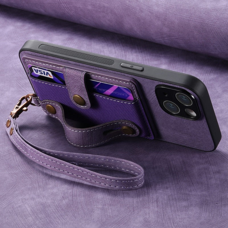 Luxury PU Leather Wallet iPhone Case with Wrist Strap – Stand Function, Card Holder, Protection for Secure and Convenience