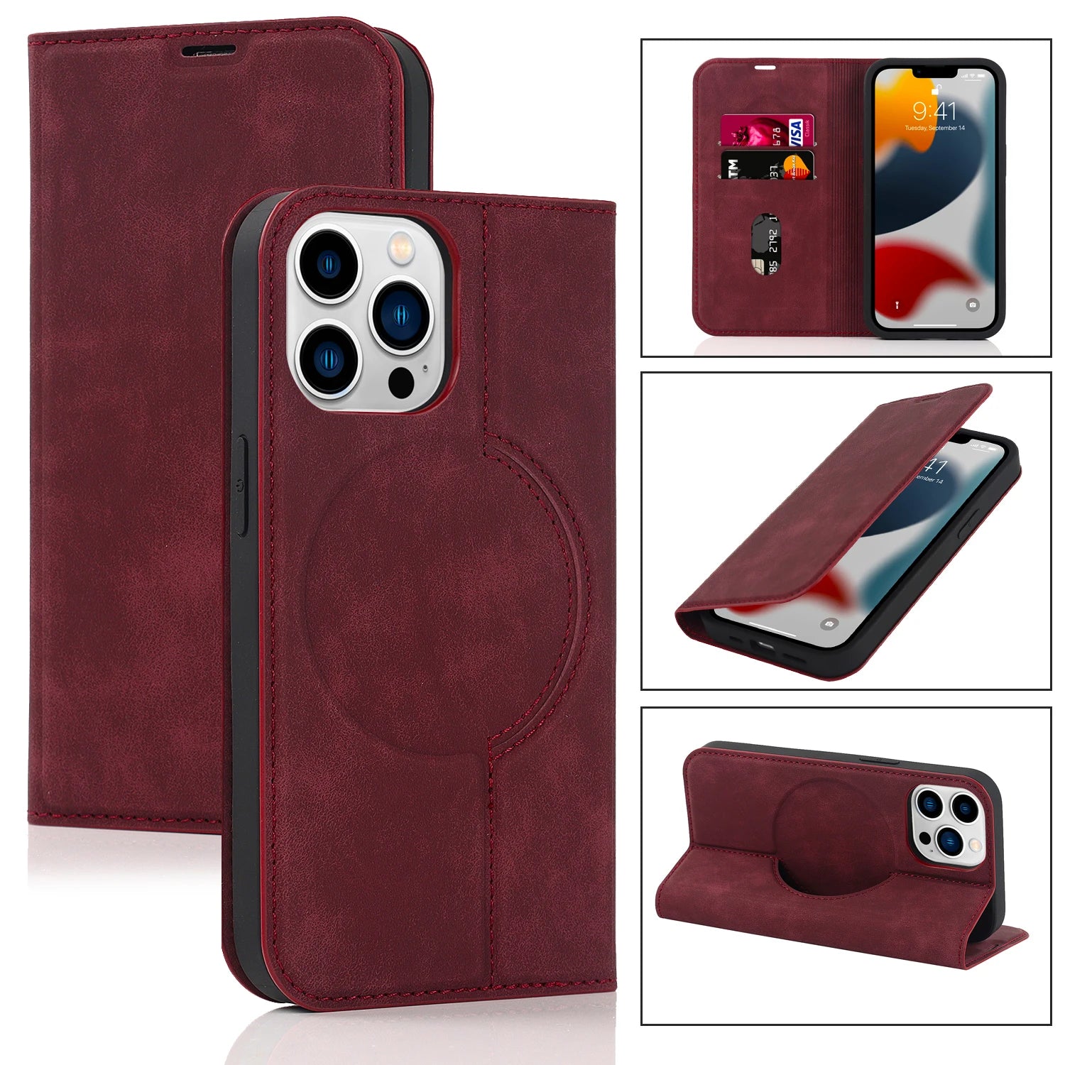 Luxury Magnetic Leather Wallet iPhone Case – MagSafe Wireless Charging, Card Slot, Stand Feature, Premium Protection, Stylish & Durable Cover