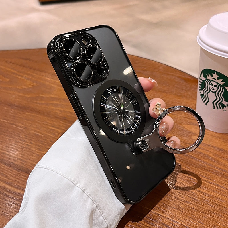 Luxury Ring Holder - Transparent Hard Acrylic Cover, Built-in Bracket, Magnetic Wireless Charging Compatible  Case for iPhone