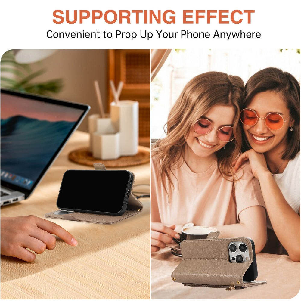 Luxury Crossbody Zipper Wallet iPhone Case – Leather Card Holder, Hands-Free Strap, Shockproof Protection, and Stylish Design for Ultimate Convenience