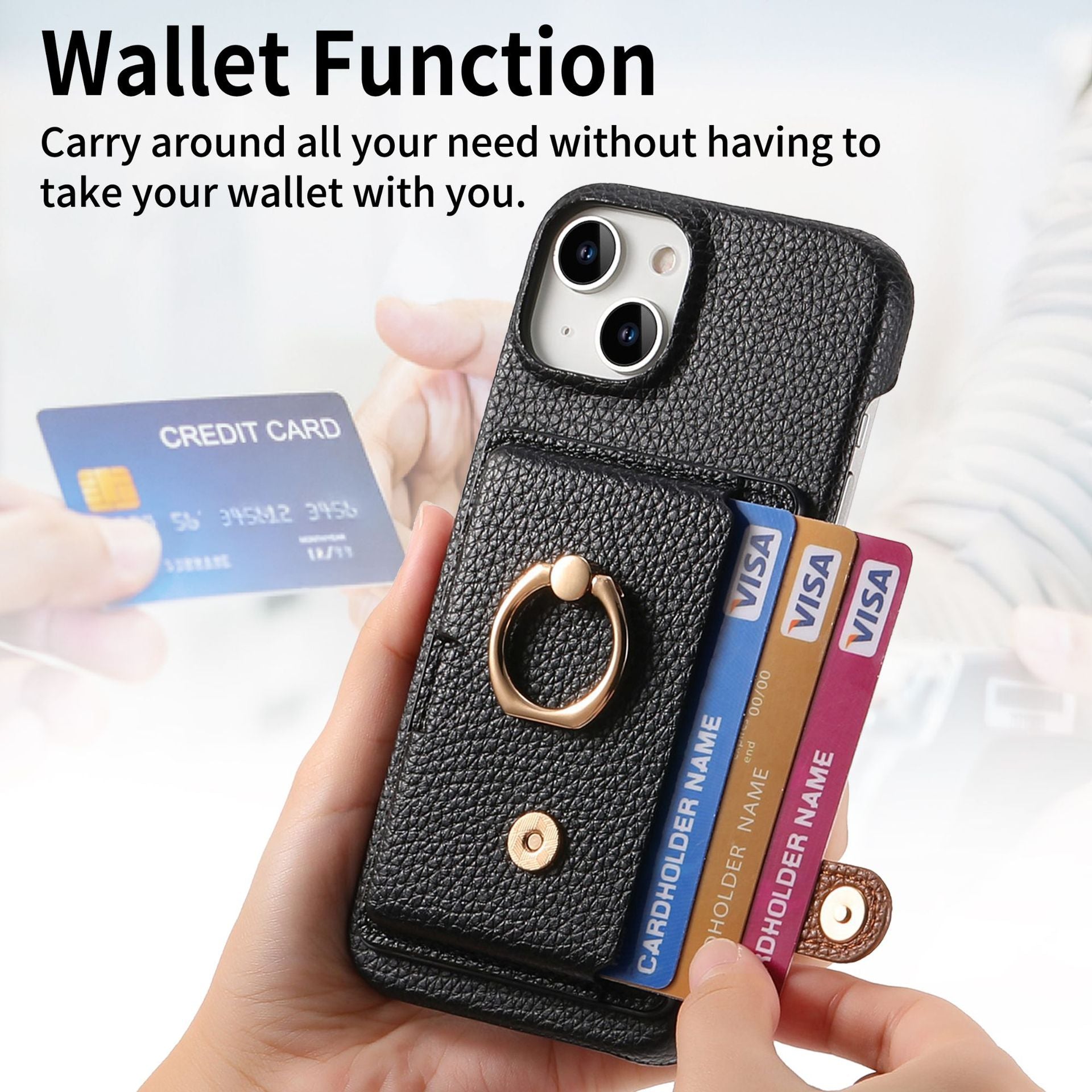 Premium Leather Ring Stand Wallet iPhone Case Card Holder, Magnetic Closure, and Kickstand Support for Hands-Free Convenience