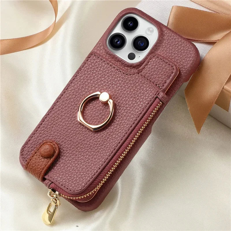 Luxury Leather Zipper Wallet iPhone Case – Card Holder, Ring Kickstand, Shockproof Cover for iPhone Models