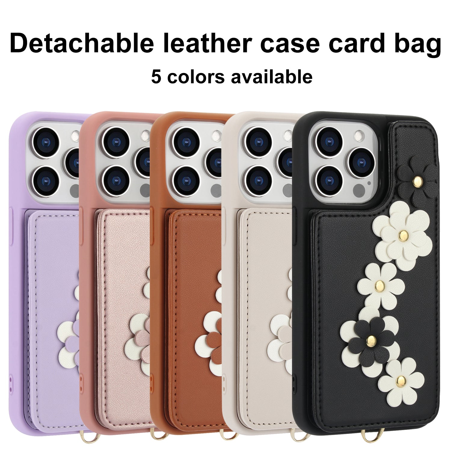 Luxury Crossbody Wallet Leather iPhone Case – 3D Flower Design, Card Slot, Wrist Strap, Magnetic Closure, Protective Cover