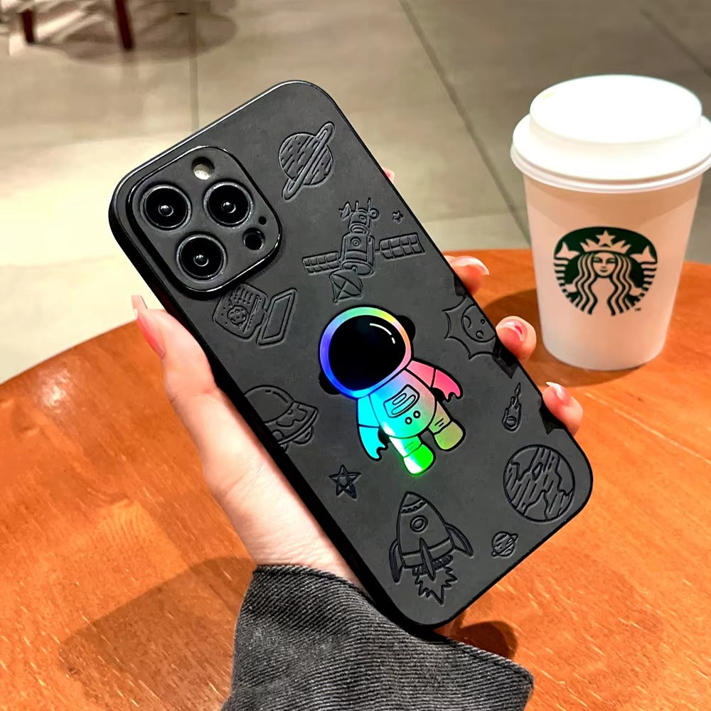 Premium  Gradient Laser Astronaut iPhone Case – Faux Leather, Full Back Protection, Stylish & Durable Cover | Case for iPhone