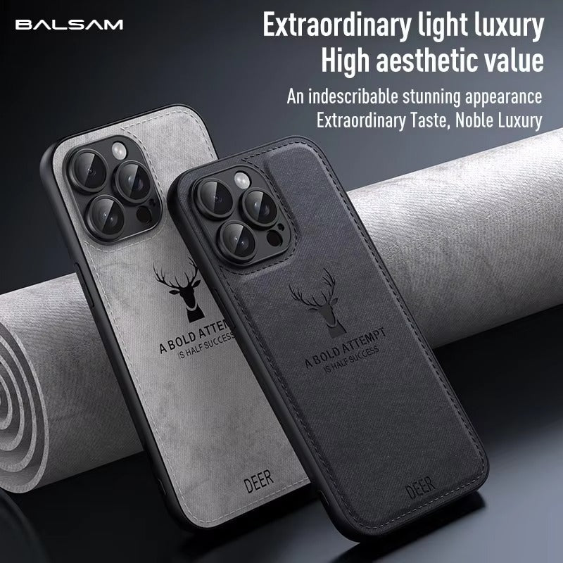 Luxury Cloth Leather Texture iPhone Case – Deer Head Pattern, Shockproof, Stylish Design for Daily Use | Case for iPhone