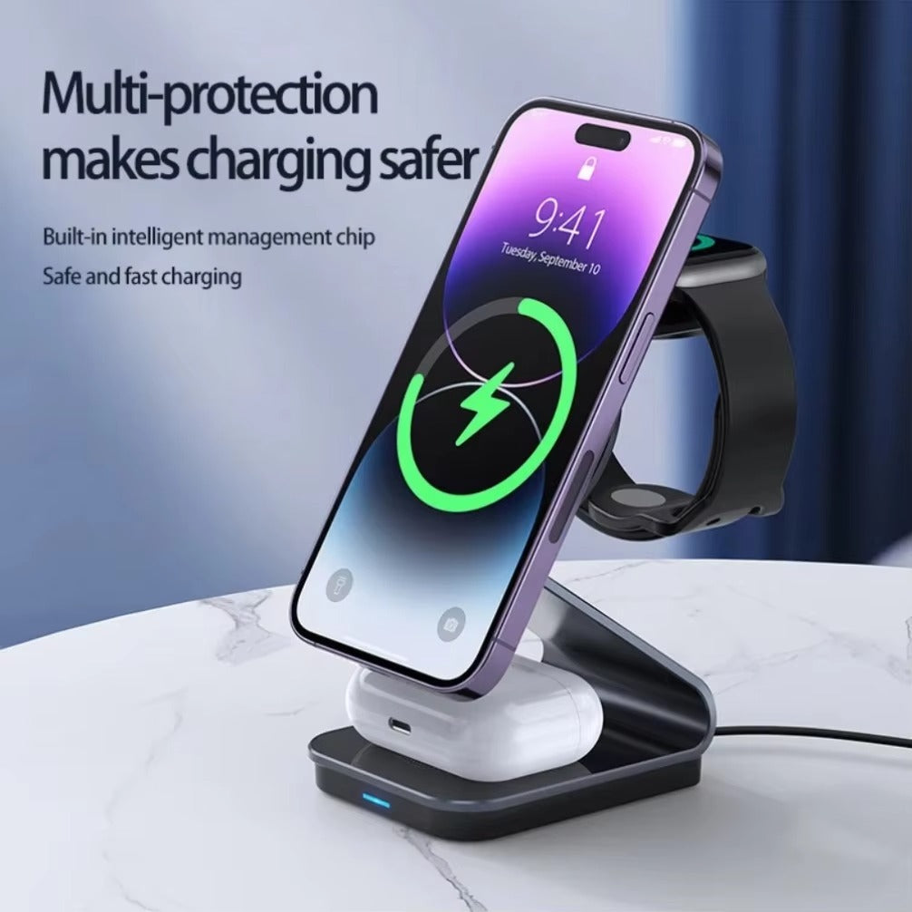 Luxury 3 in 1 Magnetic Wireless Charger Stand – Transparent Fast Charging Dock for iPhone, Apple Watch, AirPods with Aluminum Alloy Design, 15W Output