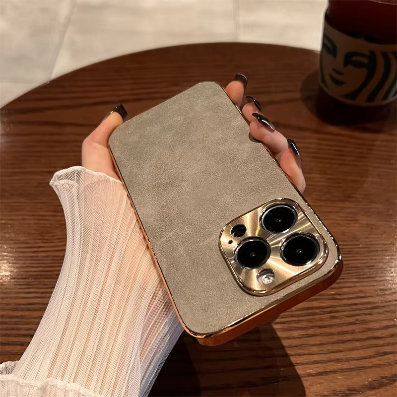Luxury Leather iPhone Case – Lambskin Texture, Plating Bumper, Metal Lens Protection, Stylish & Durable Cover Case for iPhone