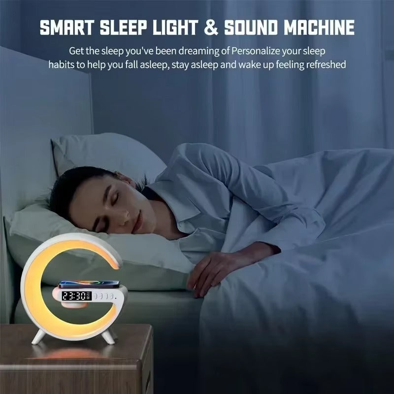 Luxury Wireless Charging Alarm Clock – Bluetooth Speaker with Sunrise Wake-Up Light, RGB Night Lamp, Sleep Aid, 5W Fast Charger for Qi-Enabled Devices
