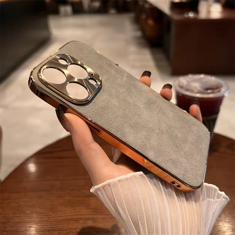 Luxury Leather iPhone Case – Lambskin Texture, Plating Bumper, Metal Lens Protection, Stylish & Durable Cover Case for iPhone