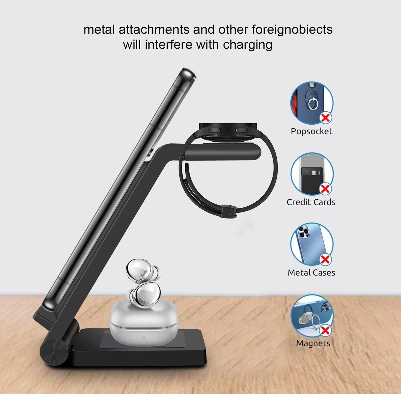 Premium 25W 3 in 1 Wireless Charging Station – Fast Charger Stand for Samsung Phones, Galaxy Watch and Buds with Detachable Holder and Type-C Cable