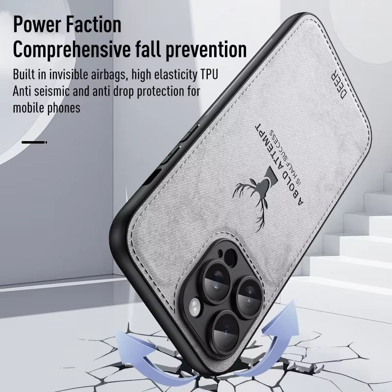 Luxury Cloth Leather Texture iPhone Case – Deer Head Pattern, Shockproof, Stylish Design for Daily Use | Case for iPhone