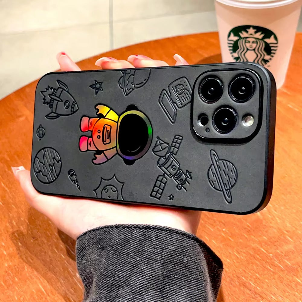 Premium  Gradient Laser Astronaut iPhone Case – Faux Leather, Full Back Protection, Stylish & Durable Cover | Case for iPhone