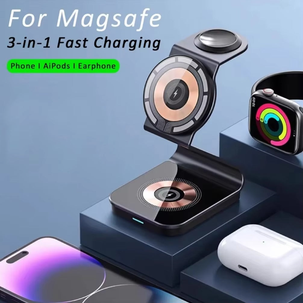 Luxury 3 in 1 Magnetic Wireless Charger Stand – Transparent Fast Charging Dock for iPhone, Apple Watch, AirPods with Aluminum Alloy Design, 15W Output