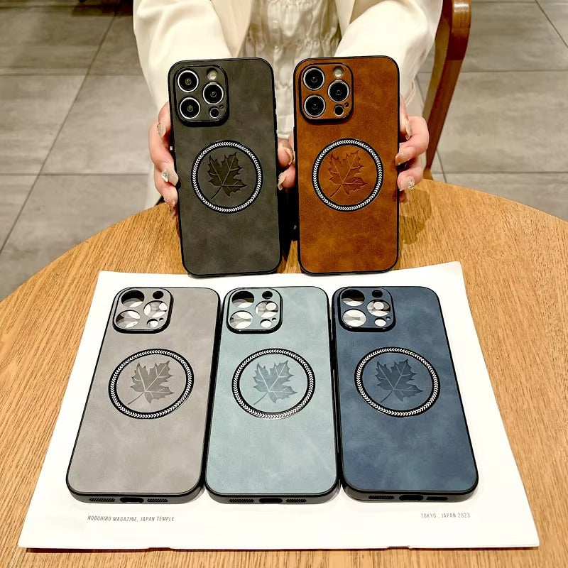 Premium Retro Leather Maple Leaf iPhone Case – MagSafe Charging, Stylish & Durable Full Protection Cover | Case for iPhone