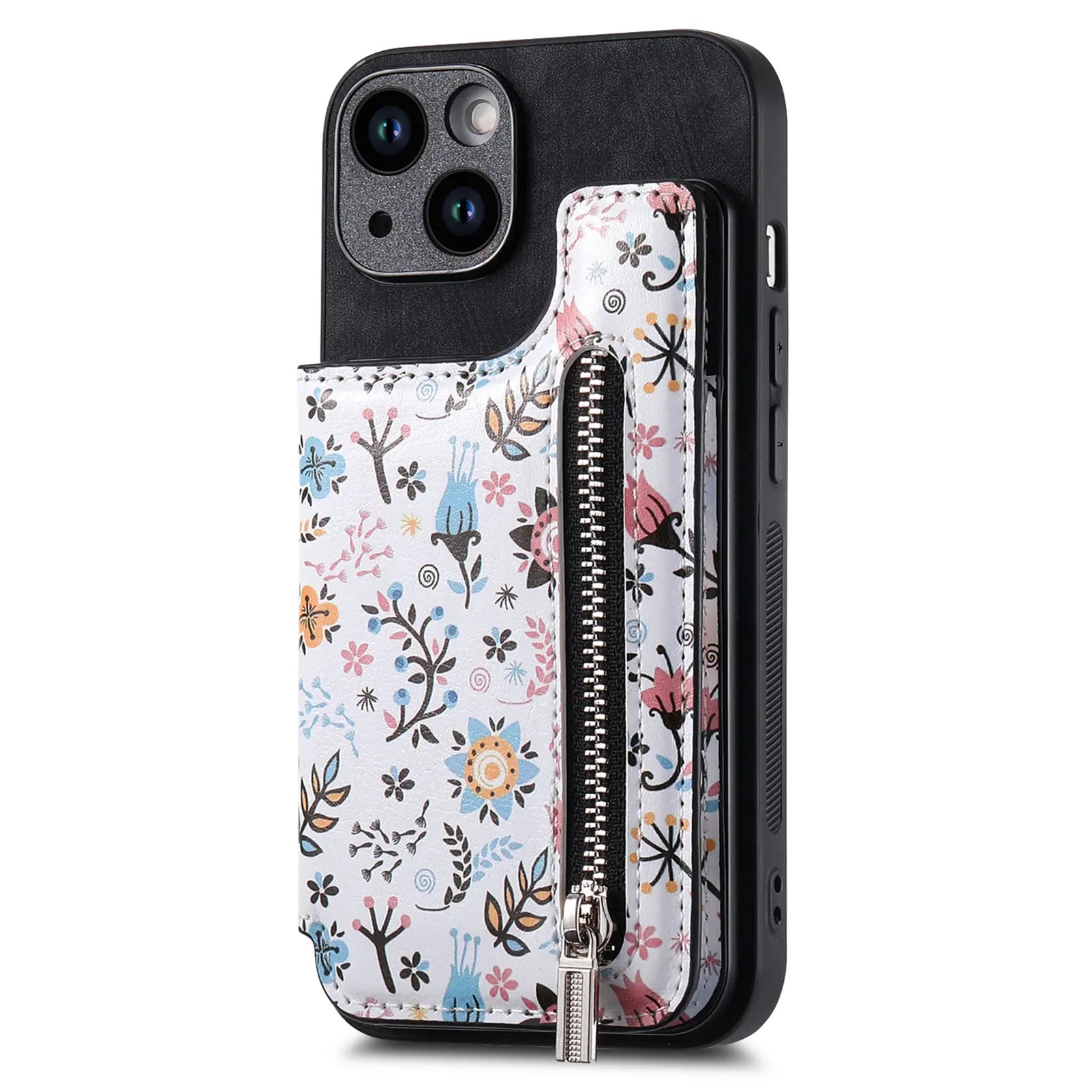 Zipper Card Slot Wallet iPhone Case – Magnetic Closure, Purse Pocket, Floral Design, Shockproof Protective Cover for iPhone