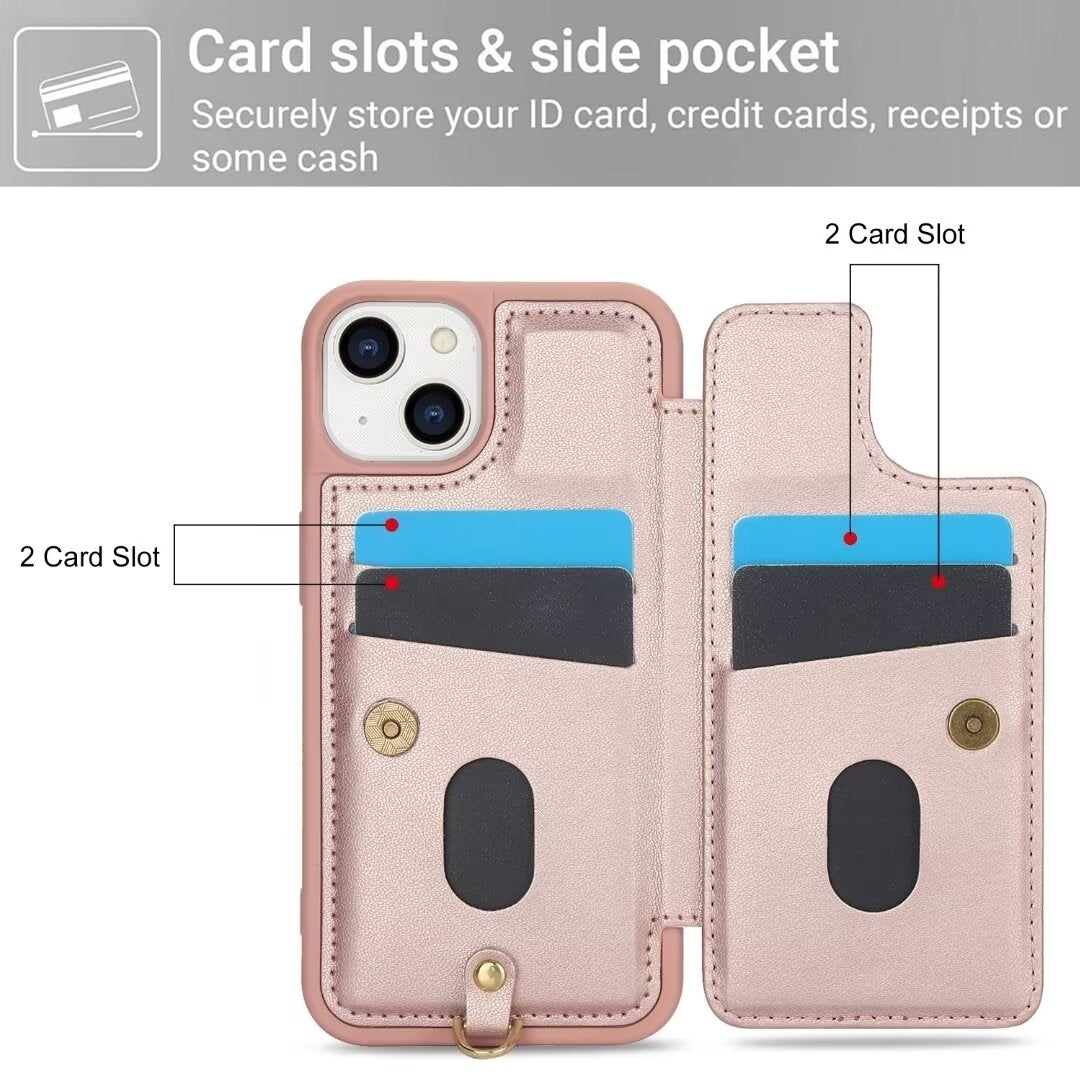 Luxury Crossbody Wallet Leather iPhone Case – 3D Flower Design, Card Slot, Wrist Strap, Magnetic Closure, Protective Cover