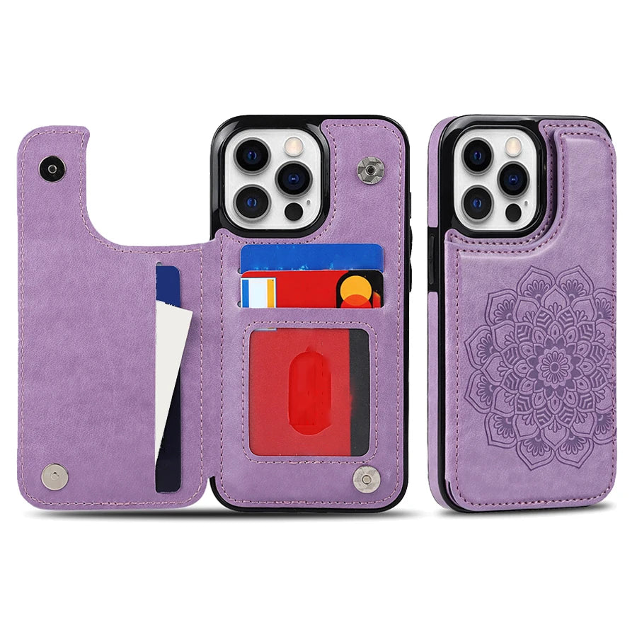 Luxury Wallet Datura Double Buckle iPhone Case – Magnetic Flip, Card Slot, Protective & Stylish Leather Cover Case for iPhone