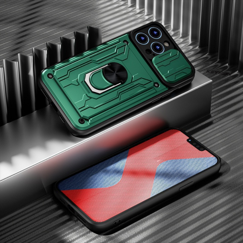 Hidden Slide Card Slot iPhone Case – Lens Protection, Magnetic Ring Stand, Shockproof Cover for iPhone Models