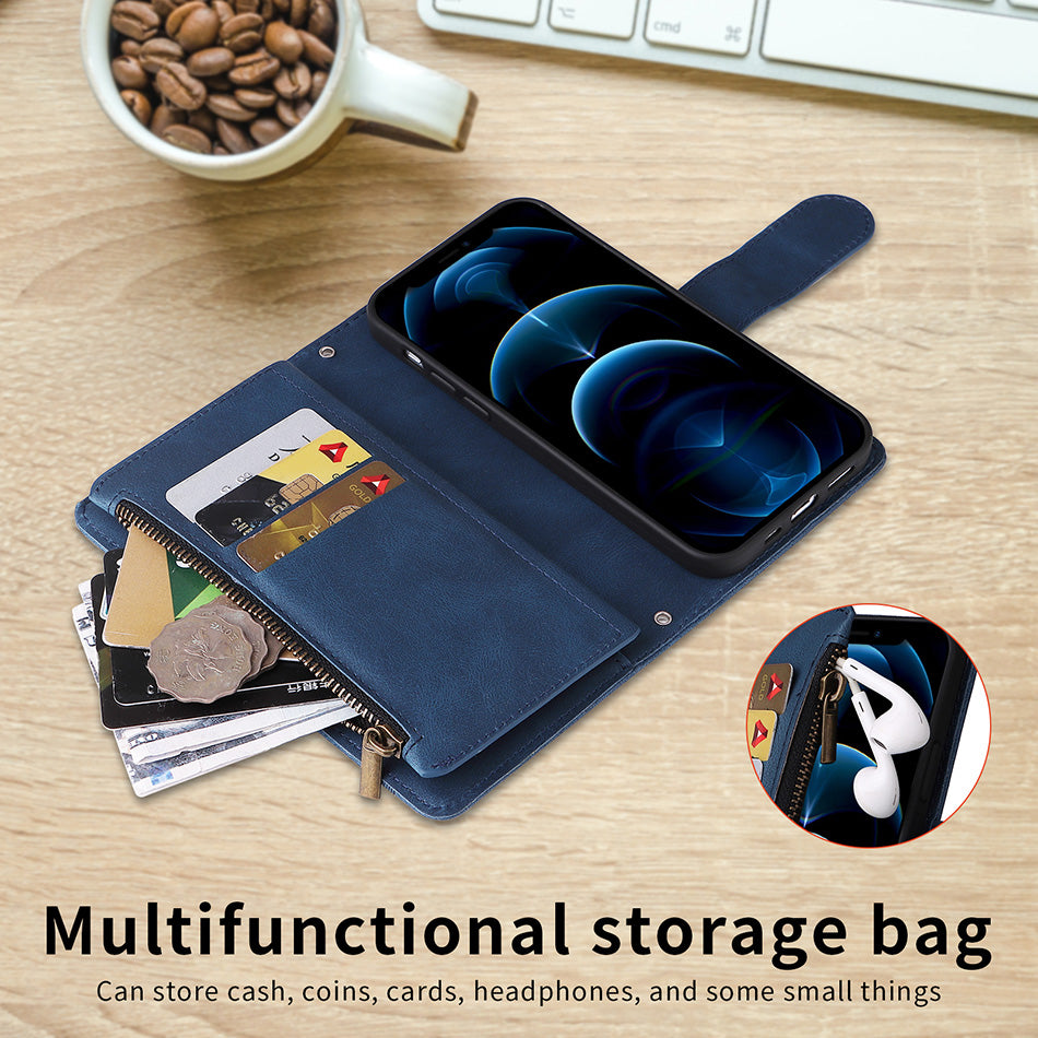 Premium Retro Flip Leather iPhone Case – Zipper Wallet, Multi-Card Slots, Necklace Lanyard, Magnetic Closure, Shockproof Protection for iPhone