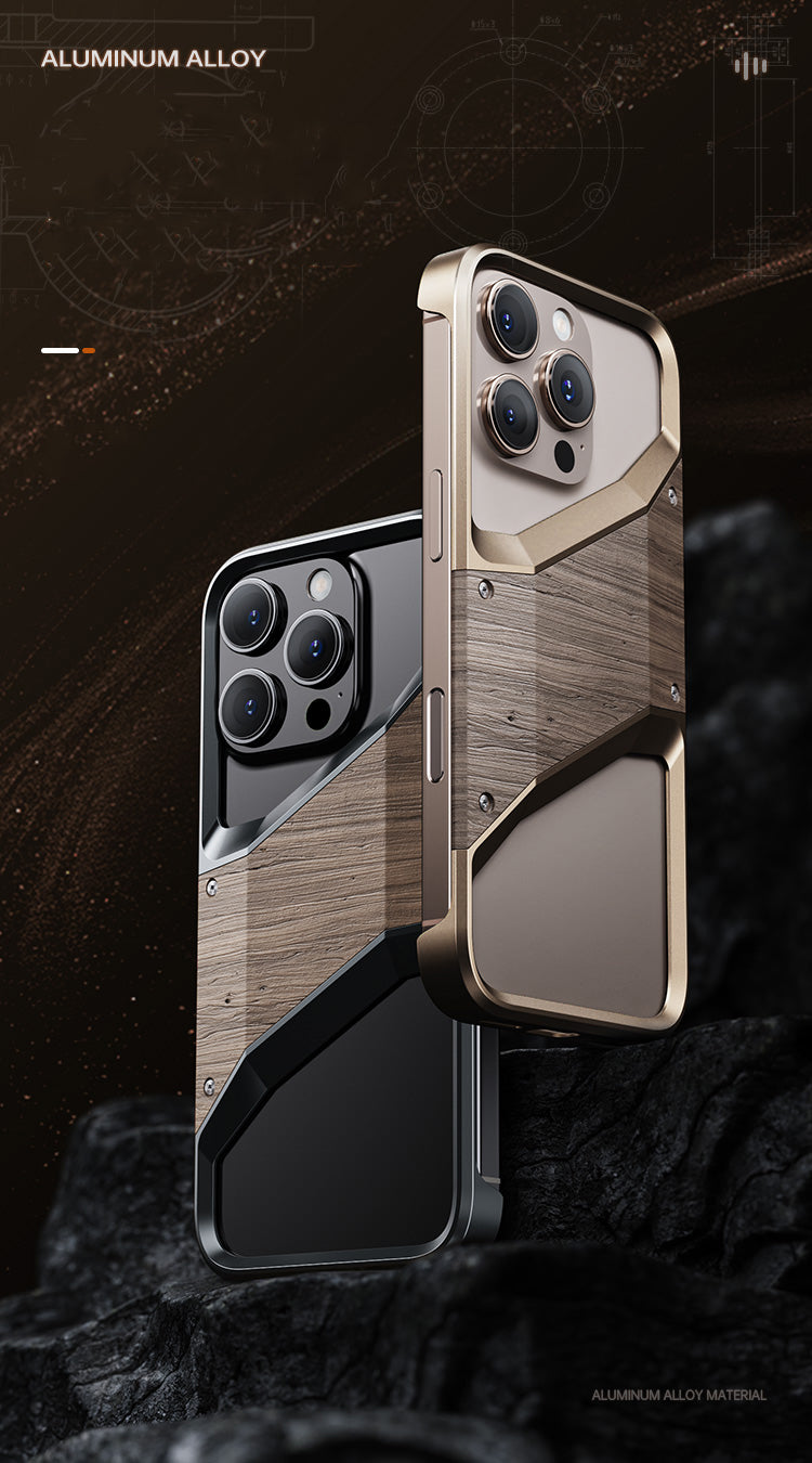 Irregular Metal Frame iPhone Case – Aluminum Alloy and Solid Wood Shockproof Frameless Cover for iPhone Models Design