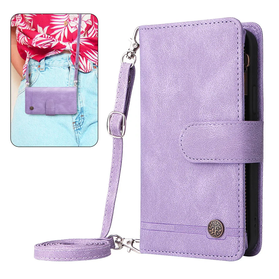 Premium Retro Flip Leather iPhone Case – Zipper Wallet, Multi-Card Slots, Necklace Lanyard, Magnetic Closure, Shockproof Protection for iPhone