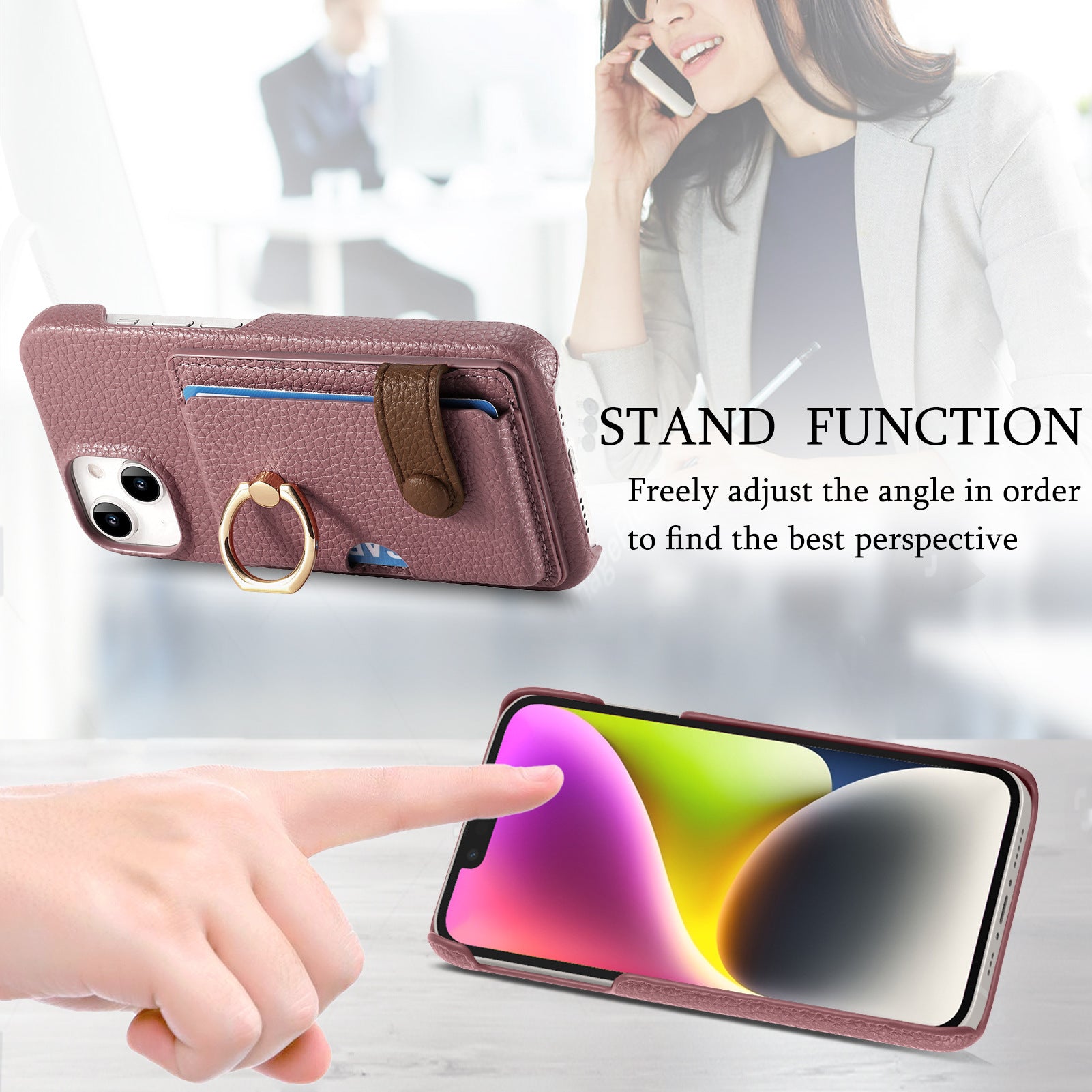 Premium Leather Ring Stand Wallet iPhone Case Card Holder, Magnetic Closure, and Kickstand Support for Hands-Free Convenience