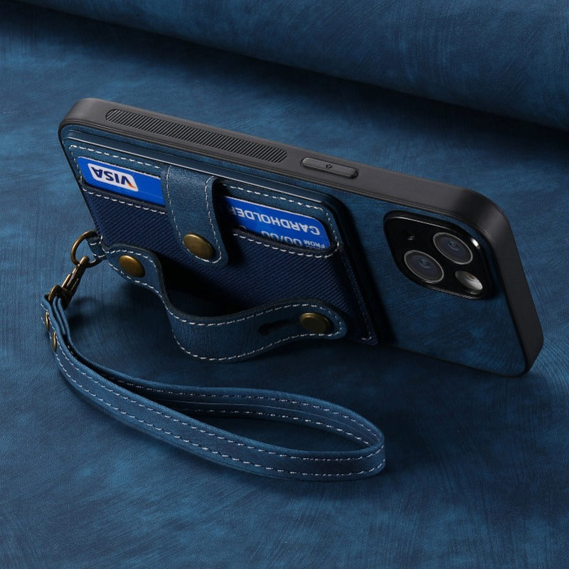 Luxury PU Leather Wallet iPhone Case with Wrist Strap – Stand Function, Card Holder, Protection for Secure and Convenience