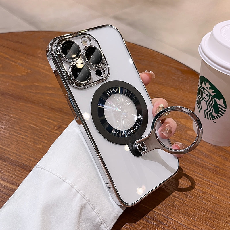 Luxury Ring Holder - Transparent Hard Acrylic Cover, Built-in Bracket, Magnetic Wireless Charging Compatible  Case for iPhone