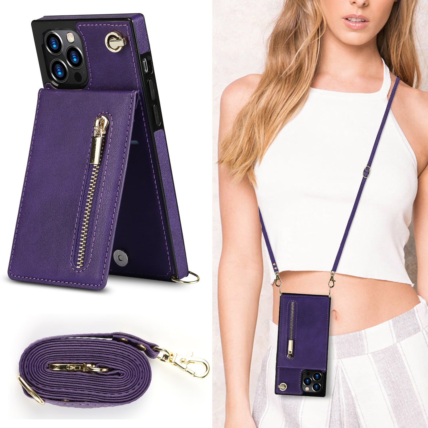 Luxury Zipper Wallet Crossbody Leather iPhone Case Card Holder, Lanyard Strap Magnetic Closure, Stylish Flip Cover for iPhone