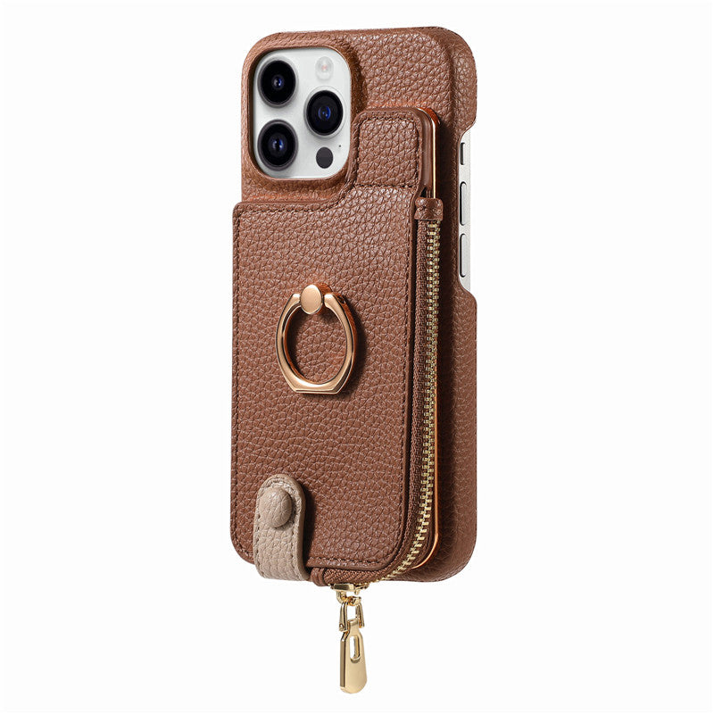 Luxury Leather Zipper Wallet iPhone Case – Card Holder, Ring Kickstand, Shockproof Cover for iPhone Models