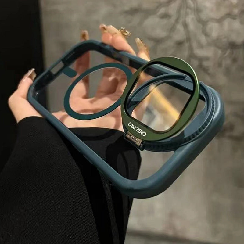 Luxury Glass Camera Stand iPhone Case - Transparent Magnetic Acrylic Cover, Wireless Charging Compatible, Case for iPhone