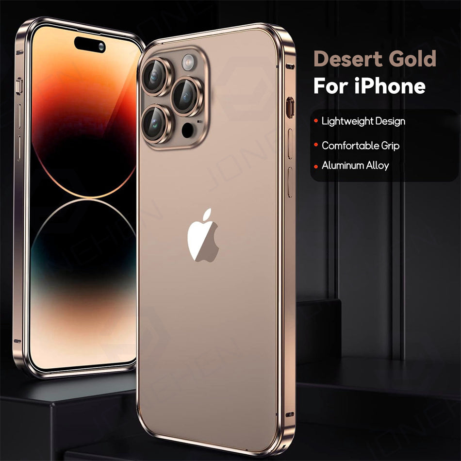 Luxury Ultra-Thin Metal Bumper iPhone Case - Light Aluminum Alloy Frame, Durable Back Protection, Sleek Desert Gold Finish 