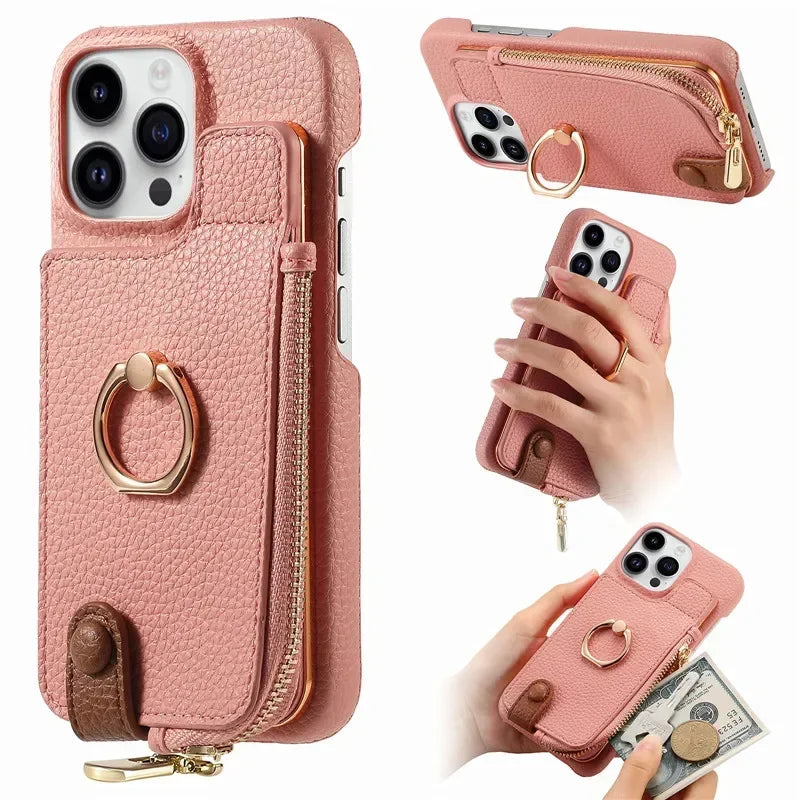 Luxury Leather Zipper Wallet iPhone Case – Card Holder, Ring Kickstand, Shockproof Cover for iPhone Models