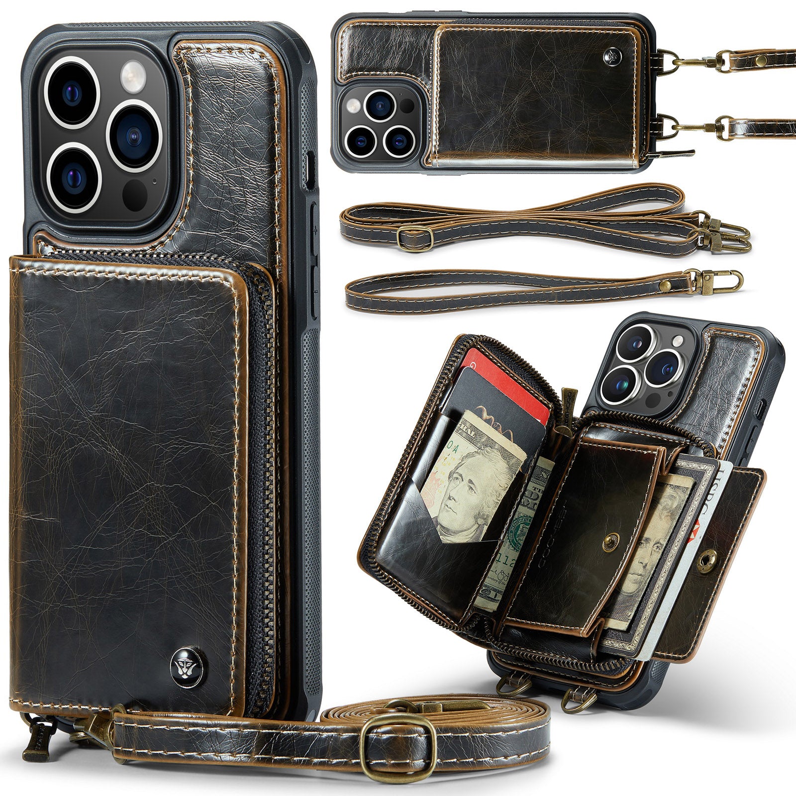 Luxury Leather Wallet Crossbody iPhone Case – Card Slot Holder, Stand Function, Hand Lanyard Strap, Shockproof Protection for iPhone